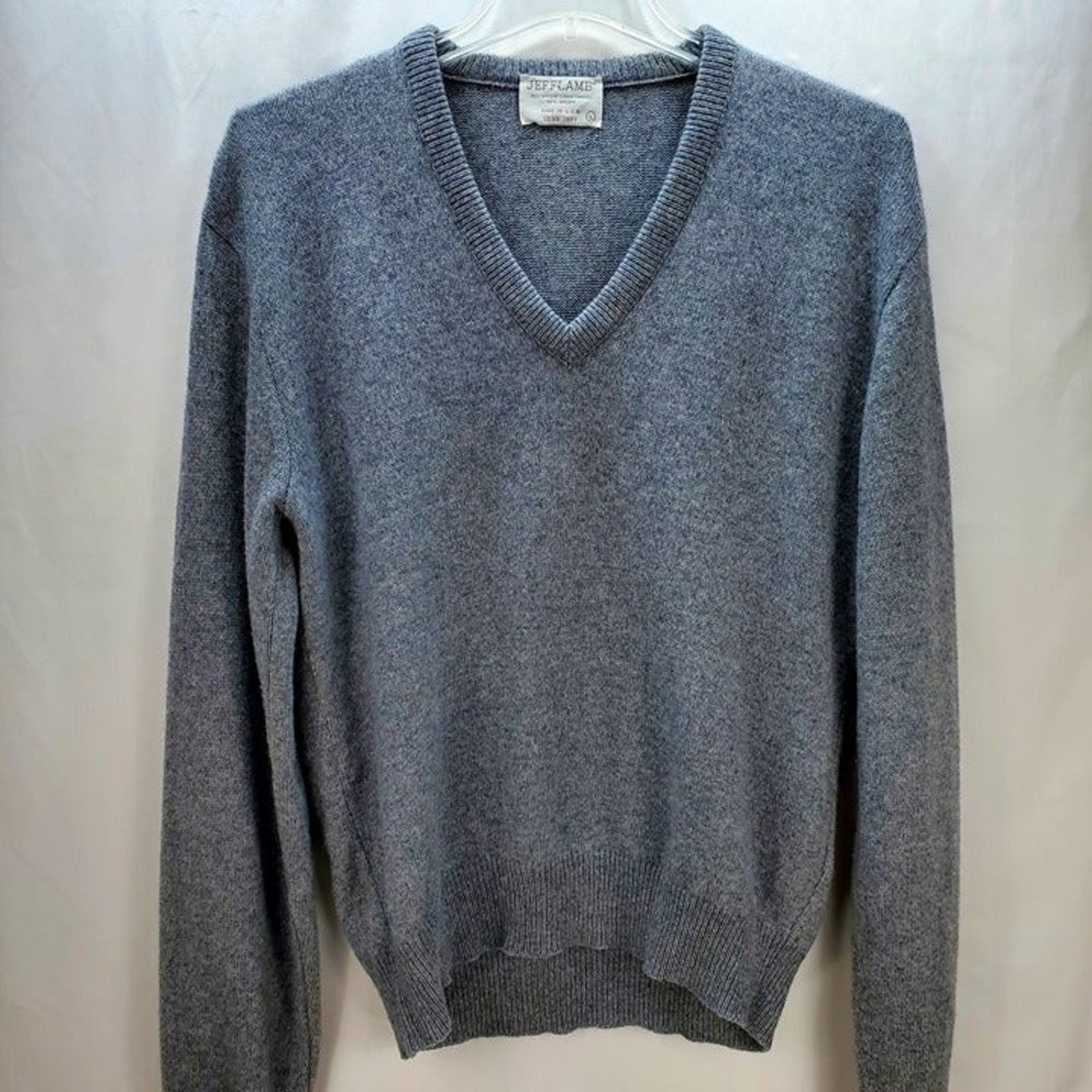 Vintage Jeff Lamb Men's Grey Lambswool Blend V-Neck Sweater L